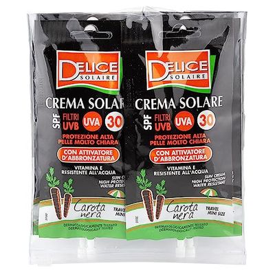 Delice Solaire Crema Solare Mini Size, Protezione Alta SPF30+, con Attivatore d'Abbronzatura Carota Nera, Resistente all'Acqua, Dermatologicamente Testato - 6 Bustine x 50ML