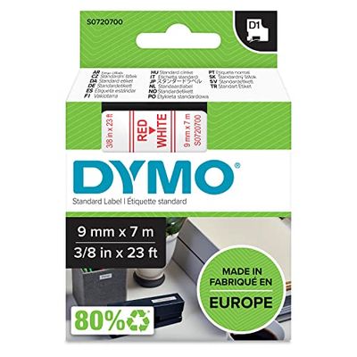 Dymo D1-etiketter, 9 mm x 7 m, självhäftande, för LabelManager-etikettskrivare, 10 etiketter, autentisk produkt, röd/vit