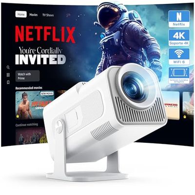 WOLFANG 4K Proyector Portátil【App Integrada/Netflix Oficial】, 26000 Lúmenes Mini Proyector con WiFi 6, 50% Zoom, 180° Rotation Projector Portable para Home Cinema/TV Stick/iOS/Android/PC/PS5/HDMI/AV