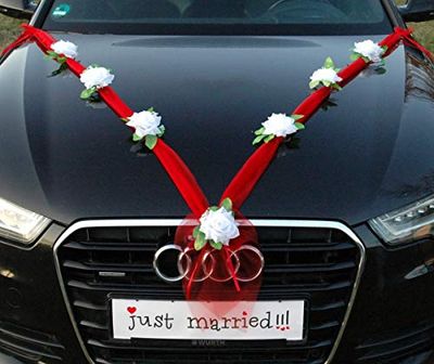Organza M Auto Gioielli Sposa Coppia Rose Decorazione Organza M Matrimonio Car Wedding Decorazione Ghirlanda Auto (Bianco Puro/Rosso)