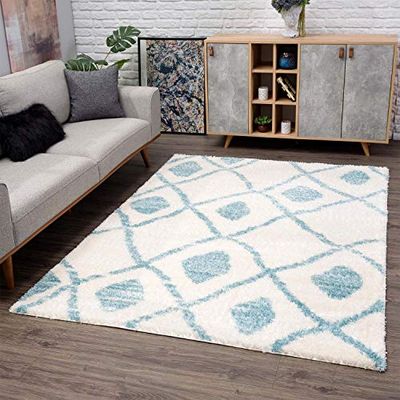 carpet city Tapis Shaggy à Poils Longs - Style Ethnique - 140 x 200 cm - Bleu crème - Tapis de Salon Moderne