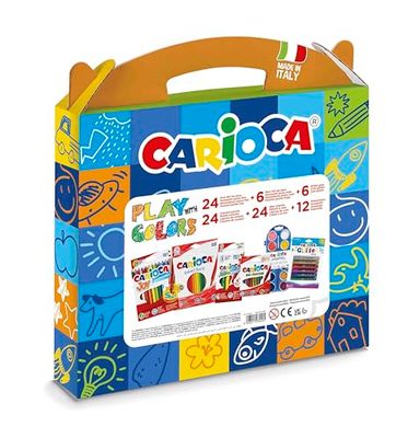 CARIOCA Spelen Met Kleuren | Plastic Koffer Kleur Set met 18 Kleurpotloden, 24 Fijne Punt Viltstiften, 6 Dikke Punt Viltstiften, 24 Waskrijtjes, 12 Kleuren Waterverf en 6 Glitterlijmen, 90 Stuks