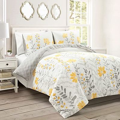 Lush Decor Aprile vändbart 3-delat påslakanset i bomull, bäddset, heldrottning, gul och grå