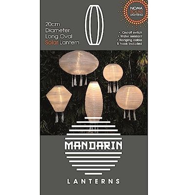 NOMA White Solar Mandarin Lantern, Long Oval with Tassels, 20 cm
