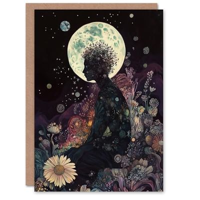 Artery8 Greeting Card Flower Nymph Full Moon Portrait Concept Art Blank For Him Or Her Art Birthday Card
