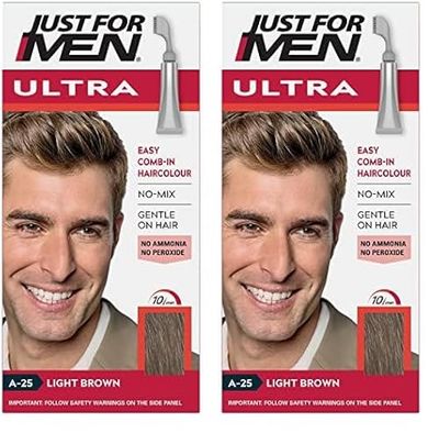 Just For Men Ultra Light Brown Hair Colour Dye, No Mix Comb-In Applicator to Comb Away The Greys, Ammonia & Peroxide Free – A25 (Pack of 2)