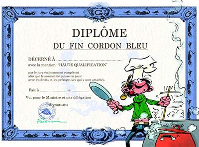 Gaston Lagaffe Card Diploma of The End Blue Cord – Chef Cooking Cooking Cooking Hat Star Good Bouffe