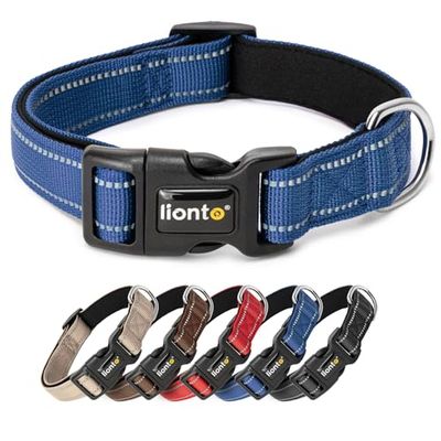 lionto Collar de Perro Acolchado Collar de Nylon Reflectante Impermeable Ajustable, Tamaño L, Azul