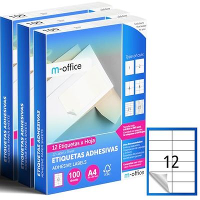 M-office Etichette Adesive A4 Compatibili con Label Printer – Fogli Adesivi, Etichette Bianche per Uso Quotidiano, Carta Adesiva Stampabile per Scrivere (12 etichette per foglio, 300 fogli)
