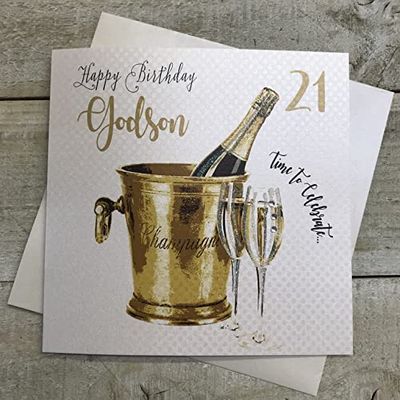 white cotton cards Champagne Emmer, Godson 21 Gelukkig Handgemaakte 21e Verjaardagskaart, Wit, WBS21-GODS