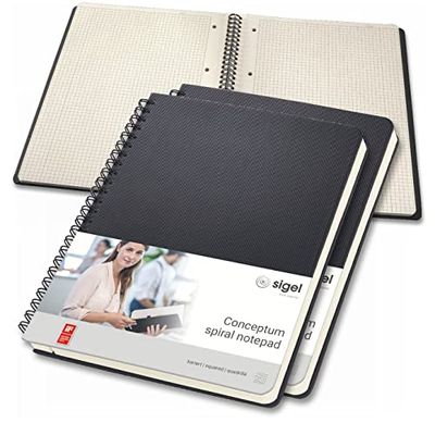 SIGEL CO822 Lot de 3 Blocs à spirales, env. A5 17,4 x 21 cm, petits carreaux, couverture rigide | Idéal comme journal intime, bullet journal, livre d'idées, cahier d'écriture | noir, Conceptum