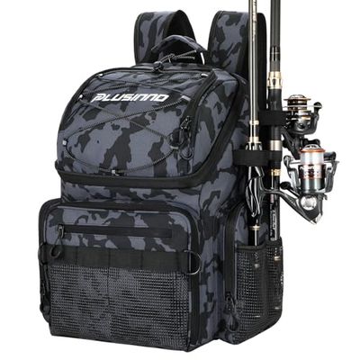 PLUSINNO Sac à dos de pêche avec supports de canne et glacière, grand sac de pêche résistant à l'eau, sac à dos de pêche pour le camping, cadeaux de pêche pour homme, père, camouflage noir, camouflage