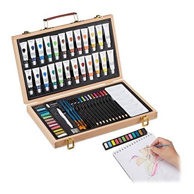 Relaxdays Valigetta con Kit Pittura e Disegno, 56 Accessori, Matite Gomma Temperino Colori Acrilici, Legno Naturale, unità