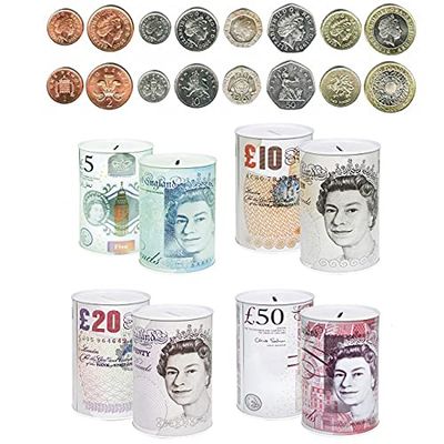2 x £10 Sterling Bank Note Money Tin -Piggy Bank, Coin Tin, Cash, Savings, Money Box, Birthday Money, Holiday & Christmas Fund (Set of 2 £10)
