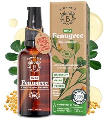 Bionoble Huile de Fenugrec Bio 50ml pour Grossir Poitrine et Fesses - Avec Pipette + Pompe - Bouteille en Verre - Macérât Huileux de Tournesol Sans Odeur - Huile Fenugrec Bio, Vegan et Naturelle