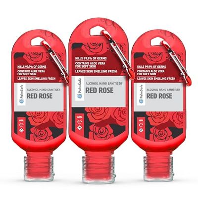Palm Safe Red Rose 3 Pack 60ml Anti Bacterial Premium Hand Sanitiser Travel Size Refillable Clip Bottle Quick Drying Non Sticky Extra Moisturising Kills 99.9% of Viruses and Bacteria