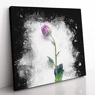 A Single Purple Flower Paint Splash Modern Canvas Wall Art Print Ready to Hang, Framed Picture for Living Room Bedroom Home Office Décor, 35x35 cm (14x14 Inch)