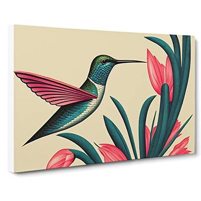 An Art Deco Hummingbird Canvas Wall Art Print Ready to Hang, Framed Picture for Living Room Bedroom Home Office Décor, 30x20 Inch (76x50 cm)