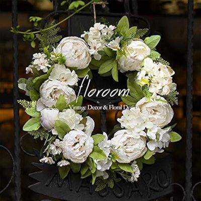 Corona Floral, Corona de Puerta, Corona de peonía Blanca Artificial para Puerta Delantera de 15 a 16 Pulgadas, decoración de Puerta Delantera, decoración de Pared