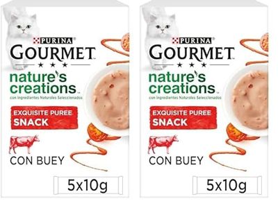 Gourmet Purina Nature's Creations Puree, Snack, premio para Gato Con Buey y Tomate, 11 Packs de 5 sobres 10g - 55 (Paquete de 2)