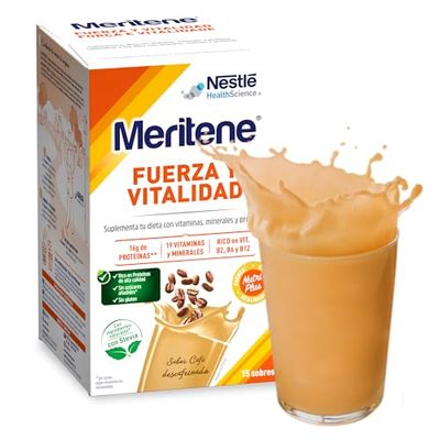 Meritene | Fuerza y Vitalidad | Batidos Sabor Café Descafeinado | Fuerza para tus Músculos, Vitalidad para ti | Nutrición para Adultos con Proteínas, Vitaminas y Minerales | 15 Sobres | 450 gr