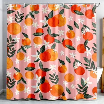 Peach Shower Curtain for Bathroom Tropical Fruit Orange Apricot Flower Leaves Floral Shower Curtain Set with 12 Hooks Waterproof Polyester Fabric