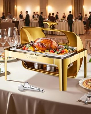 VEVOR Juego de Calentador de Alimentos Acero Inoxidable con Sartenes Tamaño Completo(8,5 L), Rectangular, con Tapa Visible y Soporte para Bandeja de Agua y Depósito de Combustible, Dorado, 1 ud