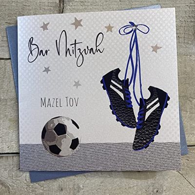 White Cotton Cards Bar Mitzvah Mazel - cartão de felicitação (para festas judaicas), design de botas e bola de futebol