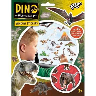 Totum 075054 Dino - Adesivo per finestra con oltre 45 adesivi a forma di dinosauro riutilizzabili e una scena paesaggistica per finestre e specchi