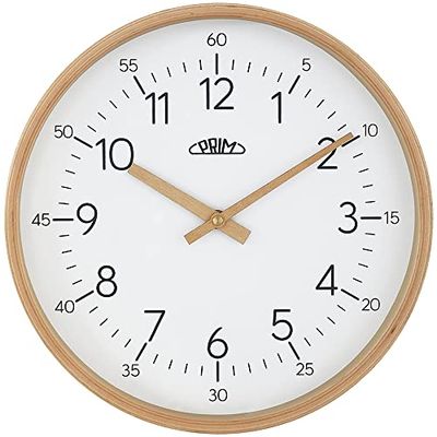 PRIM Orologio da parete in legno di bellissimi colori, bianco, motore a gradini al quarzo, vetro, legno, diametro 305 x 40 mm, orologio da parete elegante e moderno, realizzato in materiale naturale,