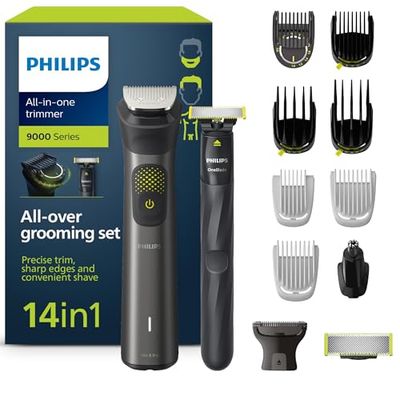 Philips Series 9000 14-in-1 Trimmer + OneBlade, Precise Trim, Sharp Edges, Convenient Shave, Premium Toiletry Bag, Extra OneBlade Blade (Model MG9550/15)