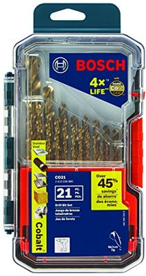 BOSCH CO21 Lot de 21 forets à métaux cobalt avec trois tiges plates pour perçage en acier inoxydable, fonte, titane, métal léger, aluminium