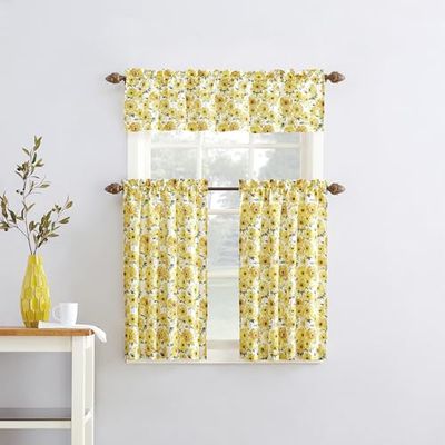 No. 918 Sunbeam Sunflower Print Semi-Sheer Rod Pocket Kitchen Curtain Valance and Tiers Set, 54" x 36", Yellow