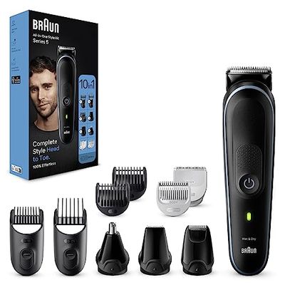 Braun REGOLABARBA Tagliacapelli Uomo, Rasoio Elettrico Barba e Capelli, 10-In-1 Styling Kit per Barba, Capelli, Corpo, Naso e Orecchie, 100 Minuti Di Utilizzo Senza Fili, Idea Regalo, MGK5445