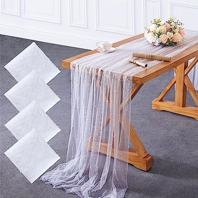 YOUMEHOME Tovaglia in tulle bianco perlato, 4 pezzi, 152,4 x 304,8 cm, velo da sposa in tulle, runner da tavola da 3 m, per archi nuziali e decorazioni per la tavola