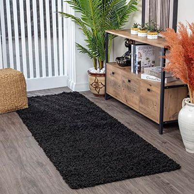 Livabliss Home Tapis Shaggy Uni - Tapis de Couloir, Salon, Salle à Manger, Chambre, Cuisine, Entrée - Poil Long Moelleux et Doux, Beige Motif Berbère, Carpette Chambre Monochrome 80x220 cm - Noir