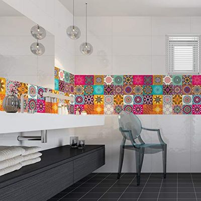 Ambiance Sticker Zelfklevende decoratieve muursticker, cementtegel voor badkamer en keuken, Clarissa, verpakking van 24 stickers van 10 x 10 cm