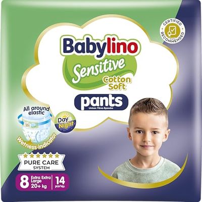Babylino Sensitive Cotton Soft Pieluchy Majtki, Rozmiar 8, Spodnie XXL (20 kg), 14 sztuk