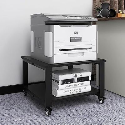 PUNCIA Printerhouder met 2 niveaus, printermeubels, roltafel, robuust, beweegbaar onder de tafel met wieltjes, opbergrek, organizer voor thuis, kantoor (zwart)