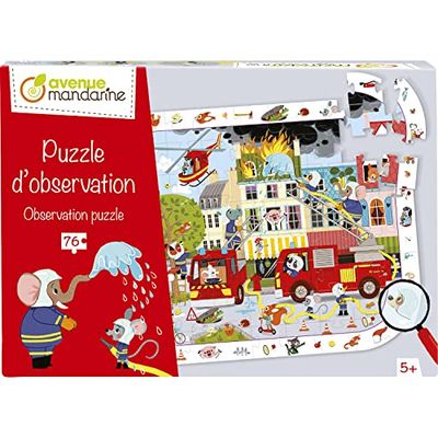 AVENUE MANDARINE - Puzzle Enfant - Puzzle d'Observation sur le Thème des Pompiers - Cherche et Trouve - 76 pièces - Poster inclus - A partir de 5 ans - PU022C