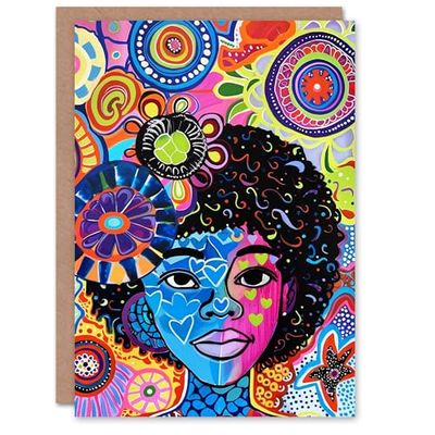 Artery8 Peace Love Colourful Pattern Folk Art Portrait For Her Woman Birthday Card