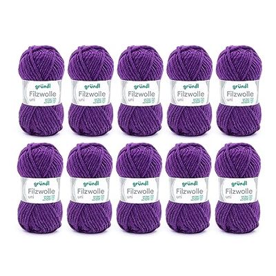 Gründl Felting Wool Uni (Lana per infeltrire, Lavorare a Maglia e all'Uncinetto, Filato in 100% Lana Vergine, 50 g / 50 m, Dimensioni ago: 8-9, 10 x 50 g), Purple