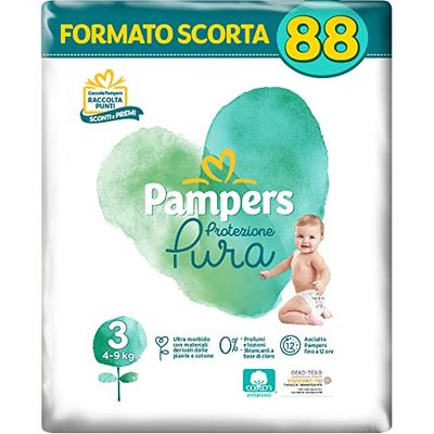 Pampers Protection pure (naturel), couches contenant du coton et des matériaux naturels dérivants des plantes, 0% parfum, enfants unisexes, taille 3 (4-9 kg), lot de 88