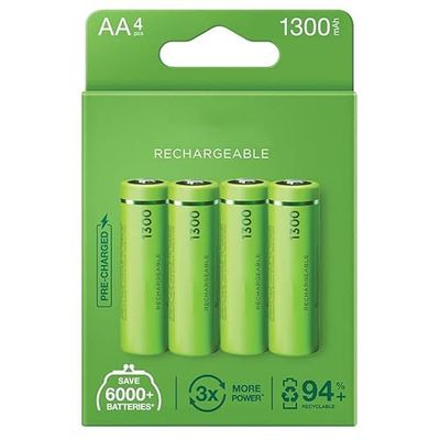 Batteria ricaricabile AA da 1300 mAh precaricata in fabbrica, blister 4 batterie