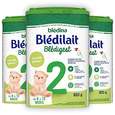 Blédina Blédilait Blédigest 2, Lait en Poudre pour Bébé, 6 à 12 Mois, Formule Epaissie, 820g (Boîtex3)