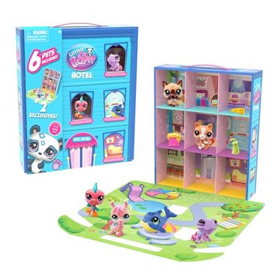 BANDAI – Littlest Pet Shop – Pet Shop Hotel – lekset med 6 PetShop-djur, inklusive 2 exklusiva – samlarbara minidjurfigurer – tillbehör – leksak för barn från 4 år – BF00595