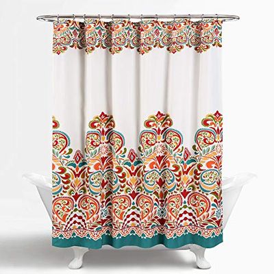 Lush Decor Clara douchegordijn - stof kleurrijke boho paisley damast print ontwerp, 182 x 182 cm, turquoise & mandarijn