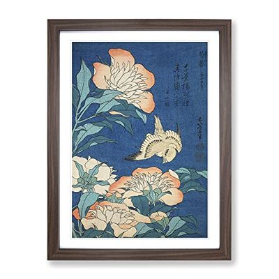 Kaigetsudo Ando Peonies And Canaries Asian Japanese Framed Wall Art Print, Ready to Hang Picture for Living Room Bedroom Home Office Décor, Walnut A4 (34 x 25 cm)