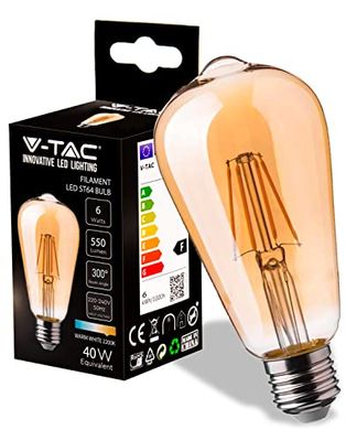 V-TAC Lampadina LED Filamento Ambrata ST64 con Attacco E27-8W (Equivalenti a 50W) - 720 Lumen - Lampadine Vintage - Massima Efficienza e Risparmio Energetico - 2200K Luce Bianca Calda