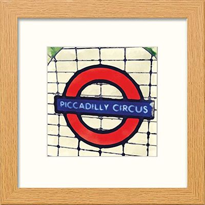 Lumartos, London Underground Sign Piccadilly Circus 2 Contemporary Home Decor Wall Art Watercolour Print, Light Oak Frame, 14 x 14 Inches